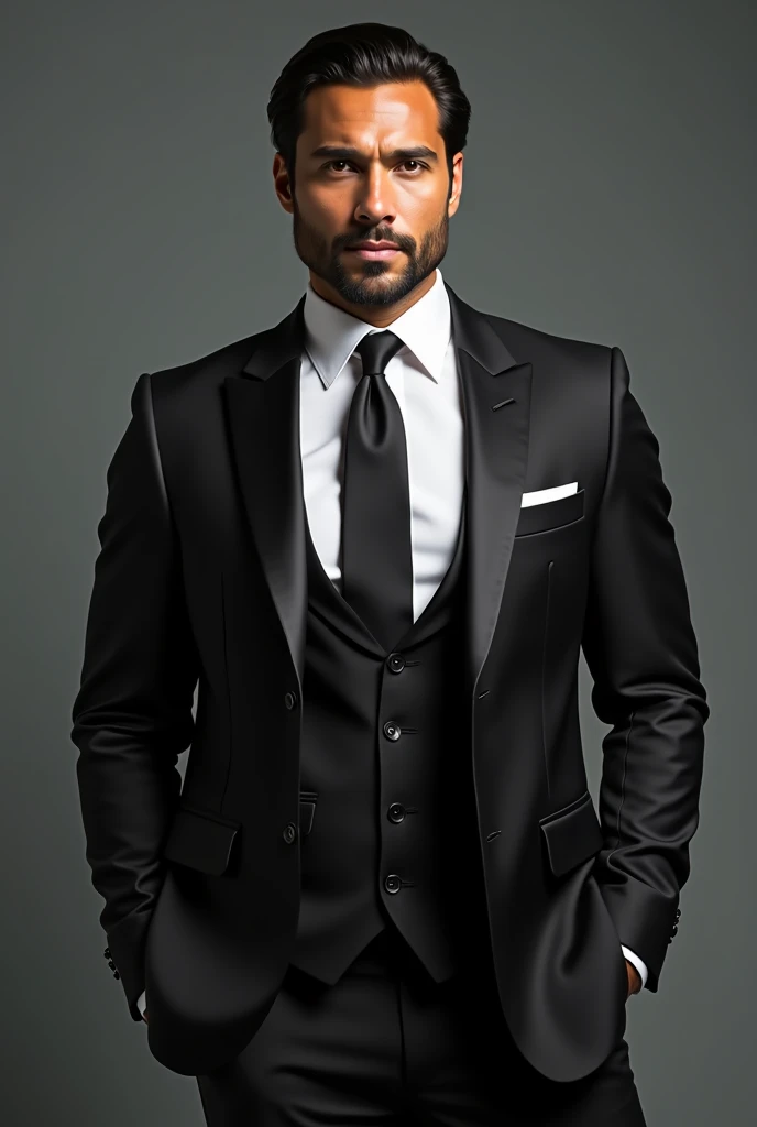 Manu Bennett, in a formal suit, presents an elegant and sophisticated image. He wears a well-fitting black jacket that accentuates his athletic figure., with classic lapels and an impeccable cut. Under the jacket, He is wearing a white long-sleeved shirt, whose contrast with the black of the suit highlights the formality of the ensemble. The black tie, perfectly knotted, complete the look, adding a touch of refinement. The black pants, matching the jacket, They have a modern and elegant fit. on your feet, wear black formal dress shoes, polished and in perfect condition. His posture is upright and his expression is serene but authoritative., reflecting a mix of confidence and sophistication.