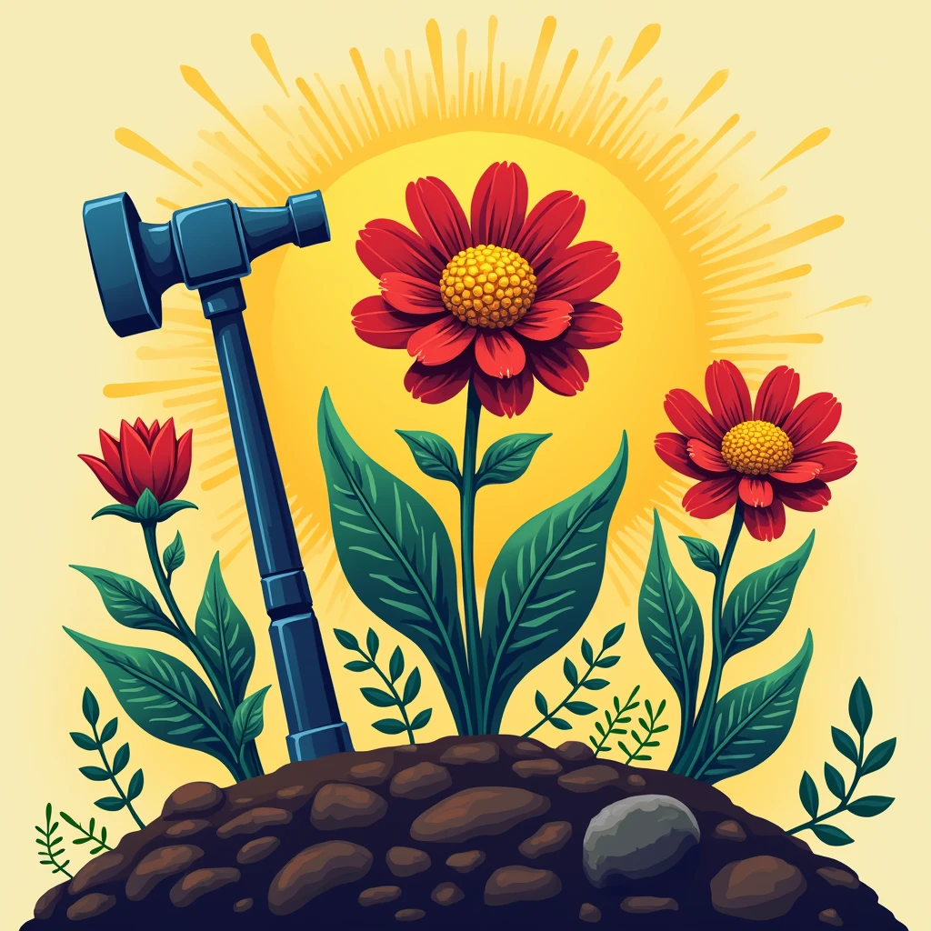 "An artistic representation of iconic labor symbols—a hammer, a sickle, and a gear—transformed into vibrant flowers, growing from the ground under a golden sun, symbolizing growth and renewal on Labor Day.