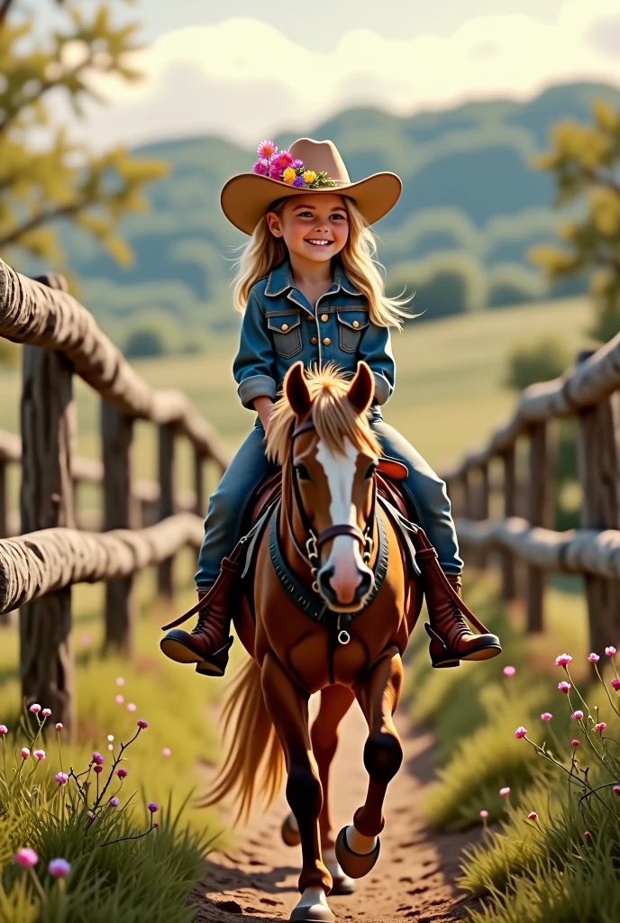 cowgirl riding horse with flowered hat wooden fence