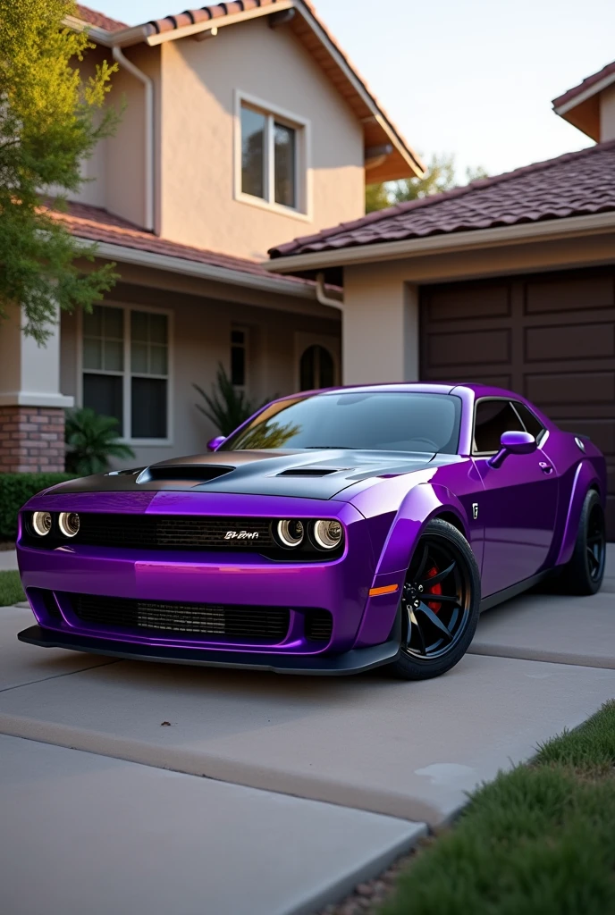 A realistic purple hellcat with black rims in a driveway