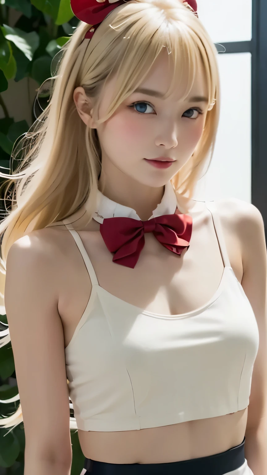 arafed woman with a red top and a red bow tie, anna nikonova aka newmilky, aleksandra waliszewska, angelina stroganova, yelena belova, anastasia ovchinnikova, dasha taran, olga buzova, ekaterina, high quality portrait, alina ivanchenko, ukrainian girl, 18 years old, huge blonde hair