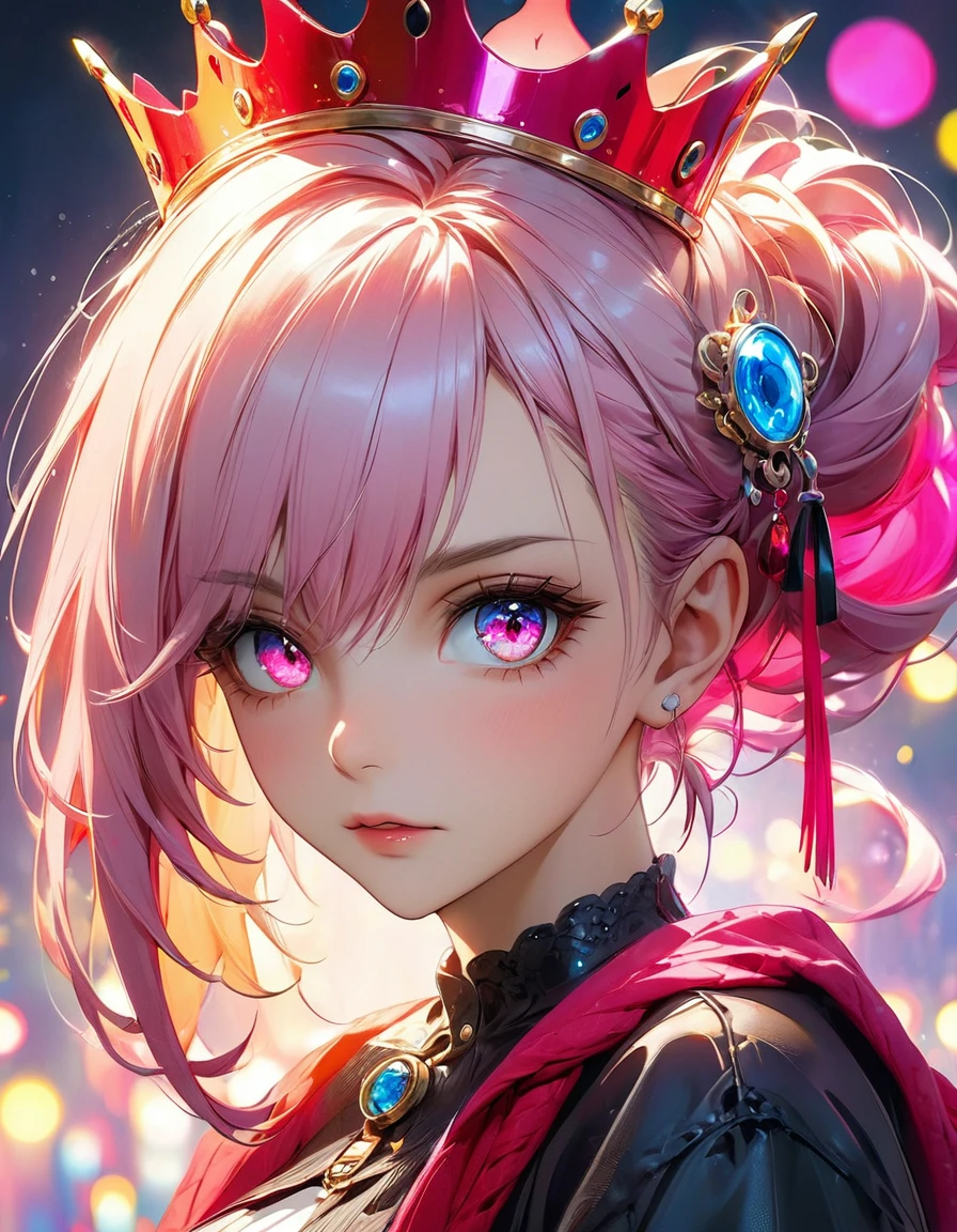 estilo filme de terror concept art by Pino Daeni, Jeremy Mann, Greg Rutkowski, Konstantin Razumov, Vladimir Volegov Realistic closeup portrait of a model 4k beautiful Arlequina picante sexy super brilhante Sensual soft ONLY pink neon  diamond eyes sobrancelhas pintadas de pink spray florescente brilhante yellow spray good neon and gold spirit, red threads, key light reflected in the eyes, red crown on the head, painted background, studio portrait, soft light, bezel lighting, shimmer in the eyes, bokeh background, picturesque, buff painting, (detailed faces:1. 3), (Detailed Eyes:1.3 8K,