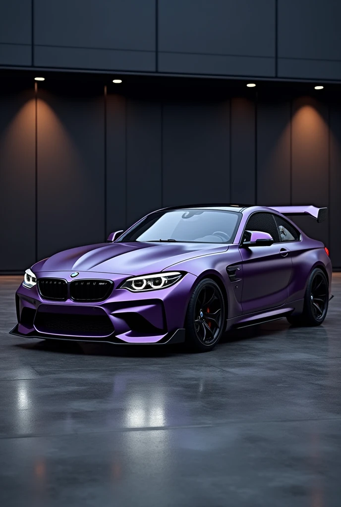  a low bumper BMW in the color of dark purple matte and with a spoiler 