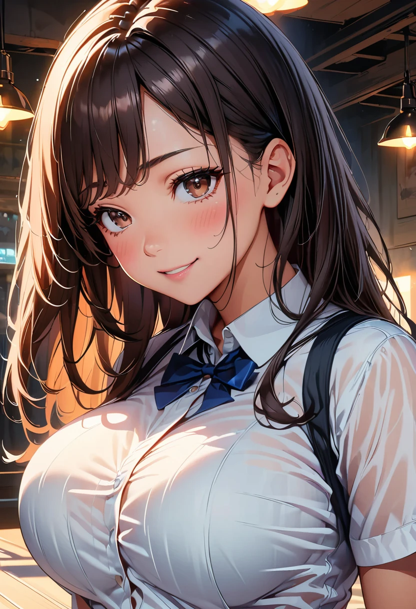 (Highest quality, 4K, High resolution, masterpiece:1.2), Very detailed, (Genuine, photoGenuineistic:1.37), 
Cinematic Light, Bright colors and mesmerizing eふふects, Soふt and delicate lighting, Gentle glow,((Tabletop, Highest quality, High resolution, Hmph, Pixel perfect, 4K, Hmph, Hmph))), One Girl, single, alone, Beauty、The whole body is visible、 ((Beautiful straight hair, bangs)), ((Brown eyes, Beautiful eyelashes, Realistic eyes)), ((Detailed face, blush:1.2)), ((Smooth texture:0.75, Realistic texture:0.65, Realistic:1.1, Anime CG style)), (Ample breasts), Dynamic Angle, Perfect body, White short-sleeved collared shirt、Tight Skirt、See-through bra、light blue、look back、Sideways Breasts))))、Very embarrassing panic smile