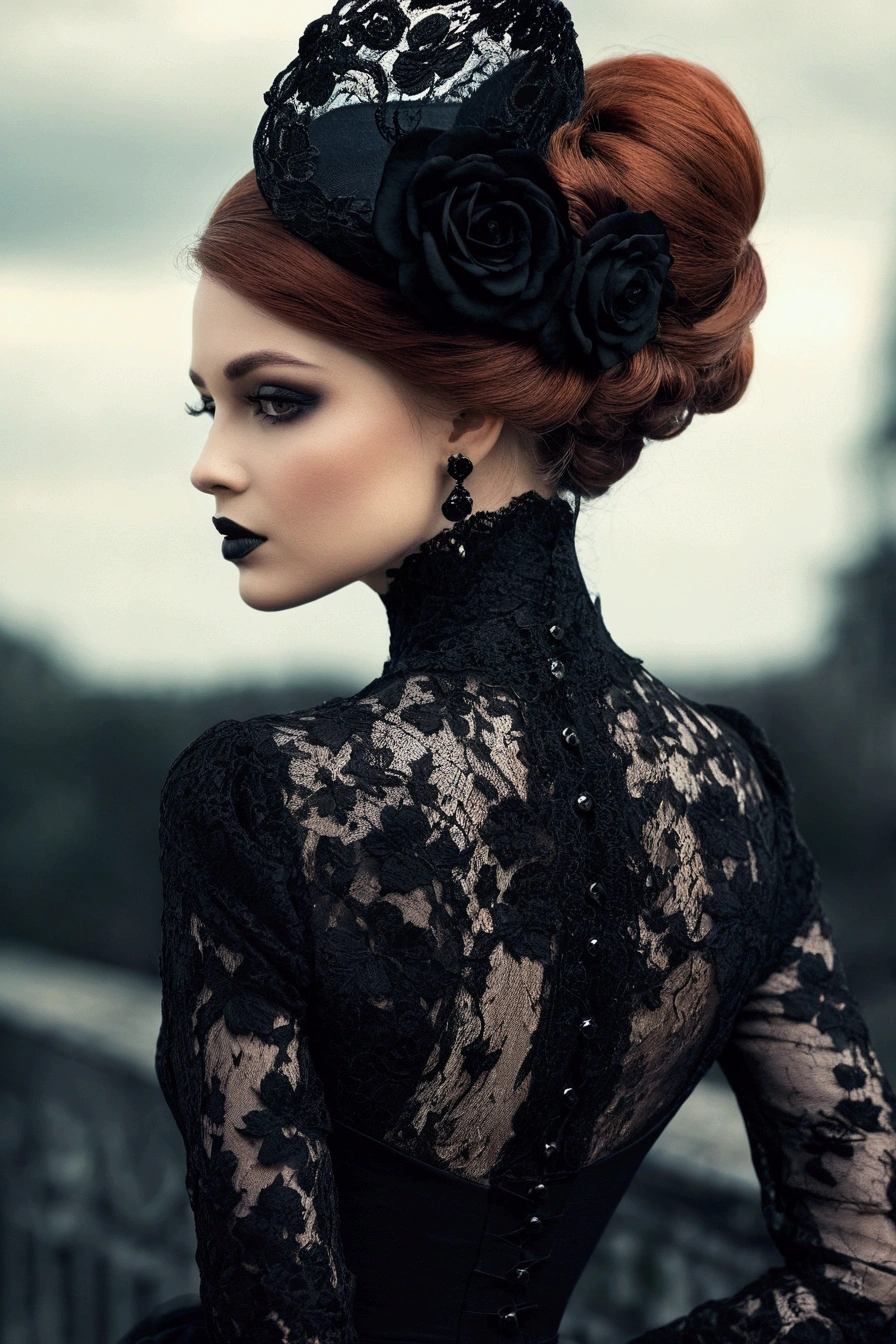 there is a woman with a black dress and a black hat, dressed in black lace, black roses in hair, an elegant gothic princess, black lace, by Ivana Kobilca, elegant profile pose, elegant portrait, black elegant hair, dark and intricate, elegant fashion model, awesome and moody, elegant hair, portrait shot, elegant profile posing, gothic style