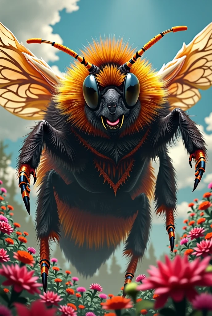 Generate an image of a majestic bee king with a dense and fluffy coat, exuding strength and power. Depict the bee king with a regal and commanding presence, highlighting its intricate and vibrant colors. Emphasize the bee king's large size and awe-inspiring presence, capturing the viewer's attention and conveying a sense of grandeur. Use bold and vivid colors to showcase the bee king's beauty and intensity. Consider portraying the bee king in a natural setting, surrounded by vibrant flowers or a lush garden, to further enhance its majestic aura.