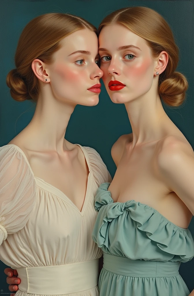 oil painting rené magritte style two young women