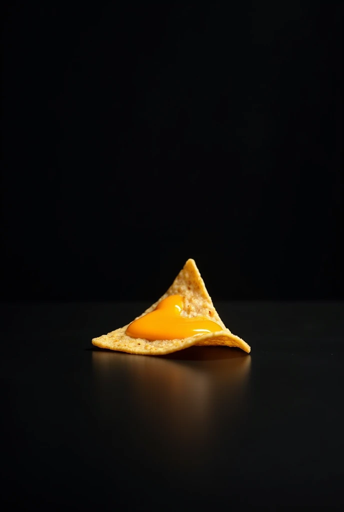 One Nacho on top of picture with less cheese with black background