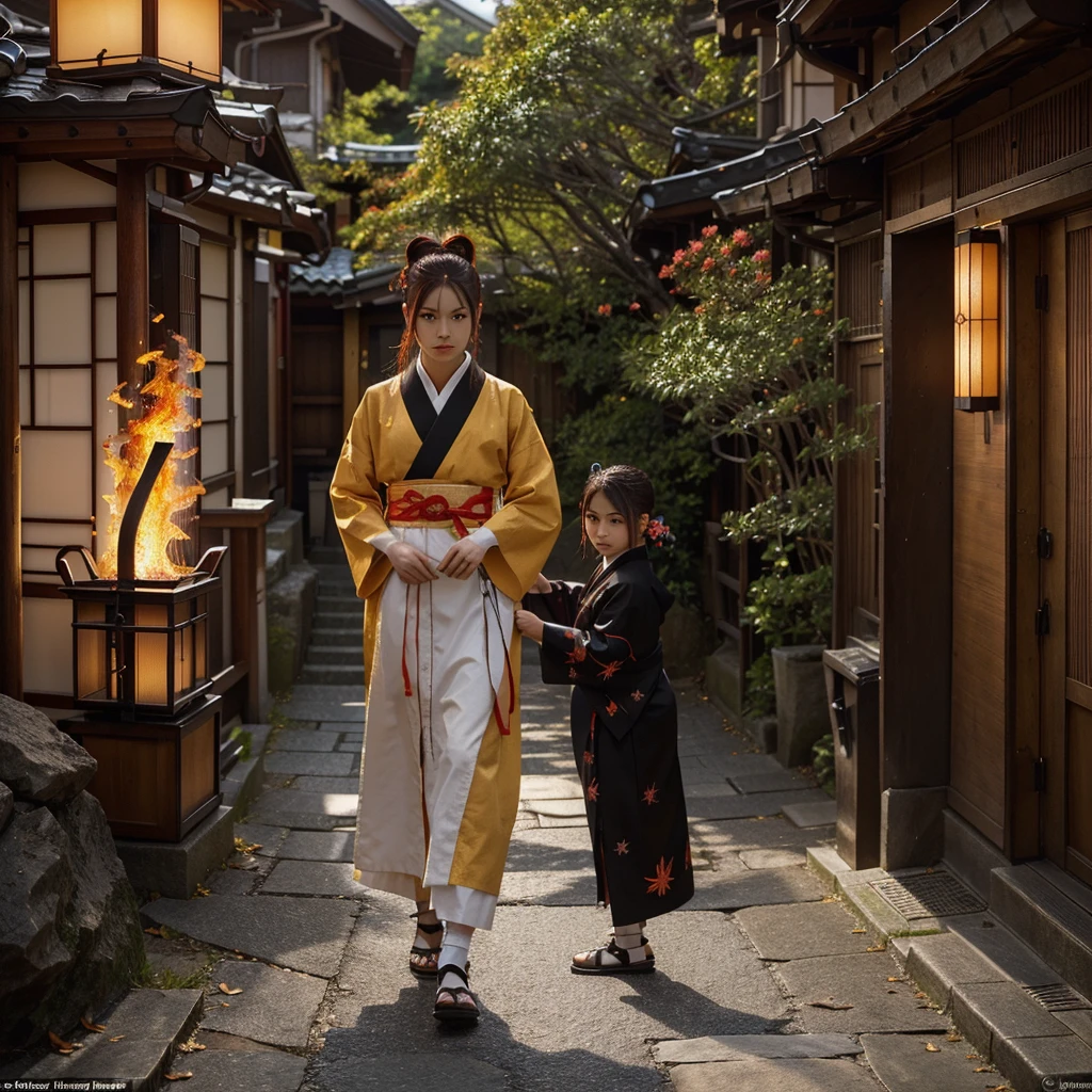 Appearance: The character should have a striking and distinct look, with traditional Japanese clothing that reflects their element (e.g., flames, water, wind, or another unique element). Their hair color and style, eye color, and accessories should complement their element.