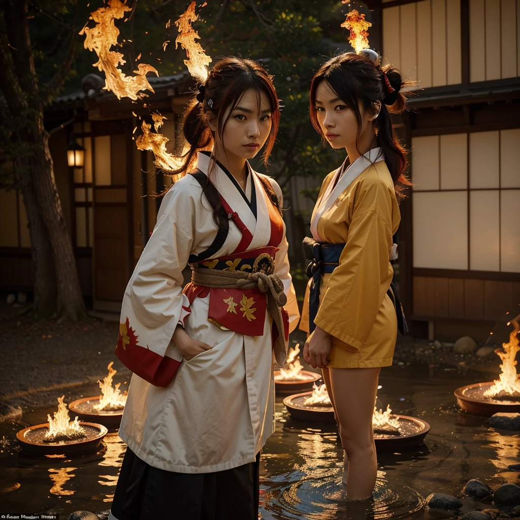 Appearance: The character should have a striking and distinct look, with traditional Japanese clothing that reflects their element (e.g., flames, water, wind, or another unique element). Their hair color and style, eye color, and accessories should complement their element.