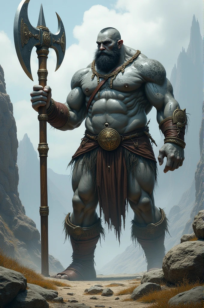 Male Goliath DND with grey skin dressed sexy with giant battle axe