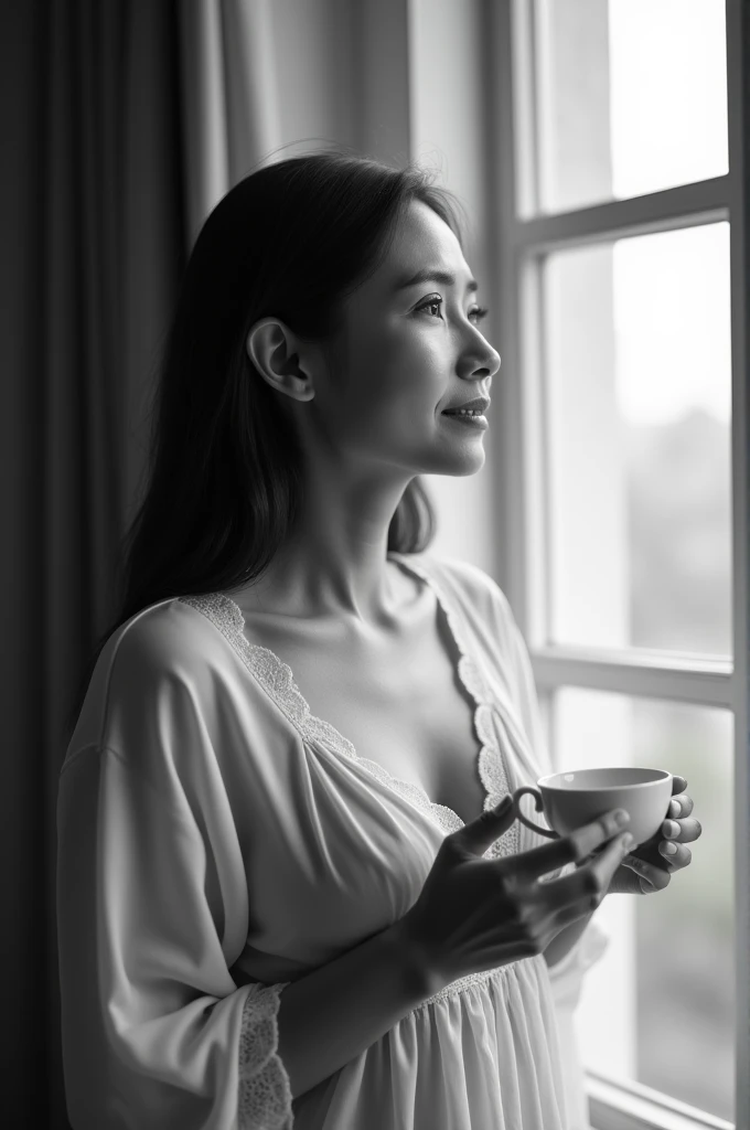 Create a black and white image of a beautiful 45 year old Indonesian woman wearing thin and transparent nightwear, he was standing drinking tea looking out the window, her breasts are clearly visible.