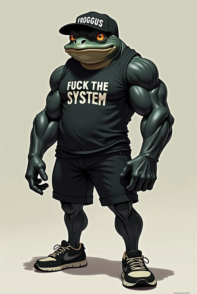 Dark black humanoid frog with an athletic body, sarcastic style, wearing a Froggus cap, a Fuck the System t-shirt, shorts and sneakers.