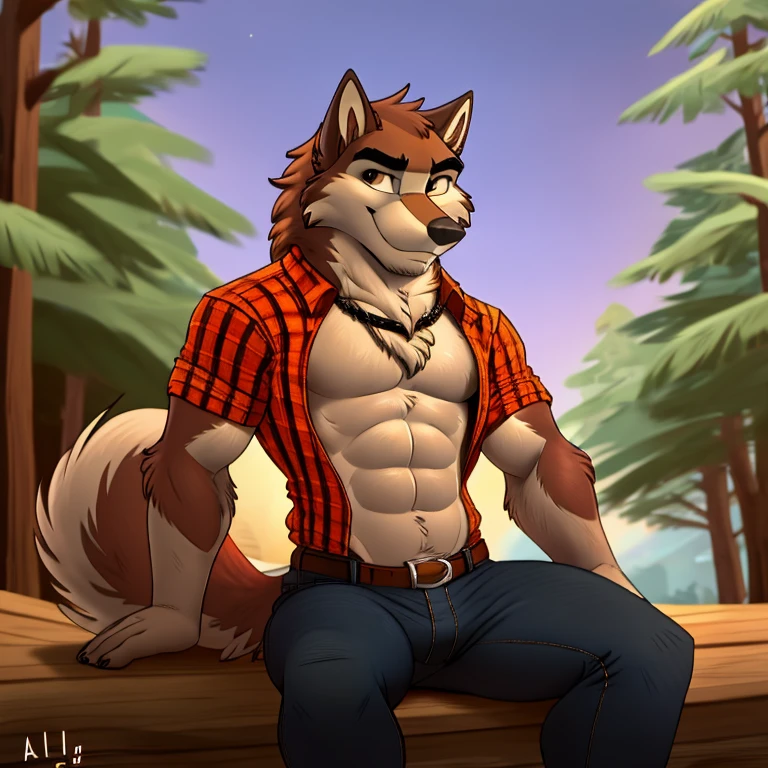 best quality, (masterpiece), (ultra detailed), (high quality), (high resolution), cartoon, tall handsome sexy orange wolf, strong abs, long dark brown hair, orange tail, two tone orange fur, two-tone fur, wolf ears, beautiful wolf face, wolf muzzle, beautiful detailed eyes, nice shading, sitting, red flannel country shirt, black  jeans, nature, male, happy, facing at viewer, orange fur, sexy body, 