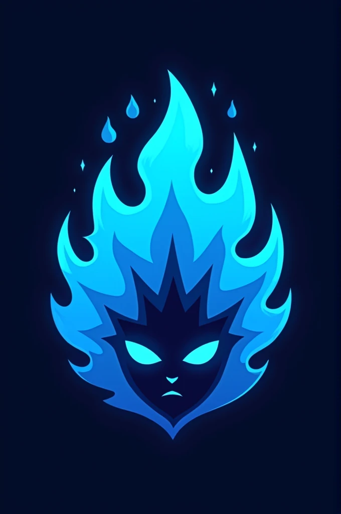 A cartoon style logo of an ice blue flame representing the team sizzle fc. The logo should convey strength and darkness using minimal facial features and be recognize-able on a jersey 