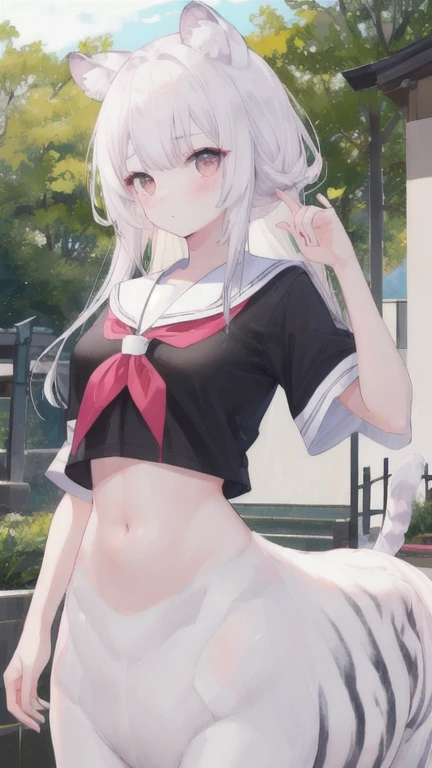 (best quality, masterpiece), 1 girl, centaur, I beg, White skin, Japanese schoolgirl, black pink, exposing the abdomen, belly button t-shirt , beautiful girl perfect, White tiger photo, 완벽한 White tiger photo
