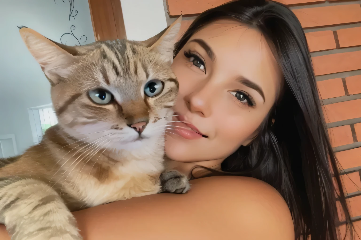 a beautiful woman with her cat, fur drawn like cartoon, perfectly drawn eyes, eyes like a cartoon, beautiful eyes, perfect eyes, she is very happy, she is smiling, the image is very detailed