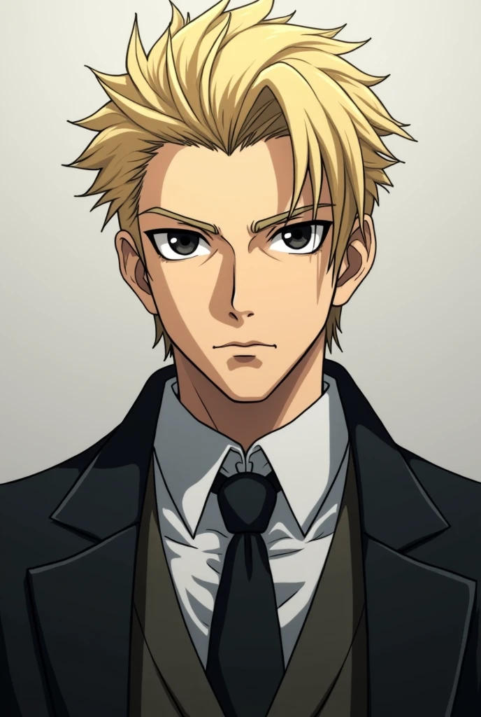 A very serious anime character, Stately, blond with his hair well combed and tidy, eyes black, born in 2002. Has a serious personality, cold and calculist