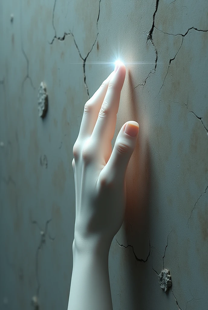 A human hand, seemingly made of a smooth, pale skin. The hand is extended, with the index finger emitting a soft glow. The background is a textured gray surface with visible cracks and patches. The hand appears to be reaching out or grasping the object with precision, suggesting advanced technology and dexterity.