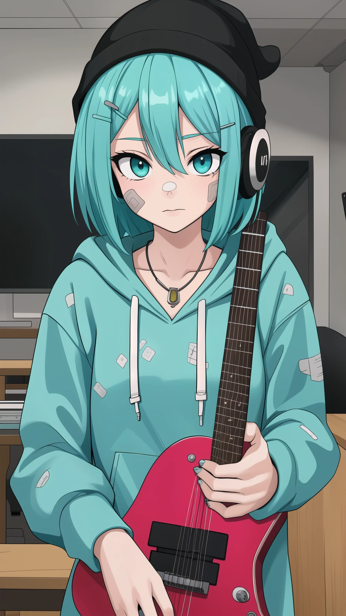 detailed_background,indoors,aqua_hair,holding_phone,hairclip,hair_between_eyes,guitar,beanie,straight-on,looking_at_viewer,eyes_visible_through_hair,electric_guitar,closed_mouth,effects_pedal,headphones,upper_body,hat,hoodie,instrument,solo,aqua_eyes,sticker,hood_down,phone,parental_advisory,nail_polish,smartphone,cellphone,jewelry,1girl,white_headwear,bandaid_on_nose,patch,bandaid_on_face,short_hair,original,bandaid,highres,sidelocks,holding,grey_hoodie,circuit_board,long_sleeves,aqua_nails,necklace,standing,print_hoodie,ring,hair_ornament,yorugata_mao,hood,bandaid_on_cheek