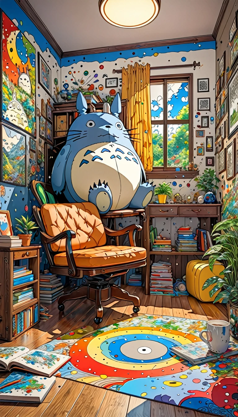 Takashi Murakami Style,(((Totoro))),study,(((Dozing off while sitting on a chair))), 8K Quality,Intense watercolor, Detailed watercolor art, Watercolor splash, Surreal, avant-garde pop art, Beautiful and expressive paintings, Beautiful artwork illustration, Very colorful tones, wonderful, Cool beauty, highest quality,Official Art, Vector art, Stylish design, ((Totoro)),(((dozing off1.9))), (((den1.9))),in the room, (((highest quality))), HDR, ((detailed)), (((Doodle Art)), ((masterpiece)), ((Super detailed)), (((Stylish))), 