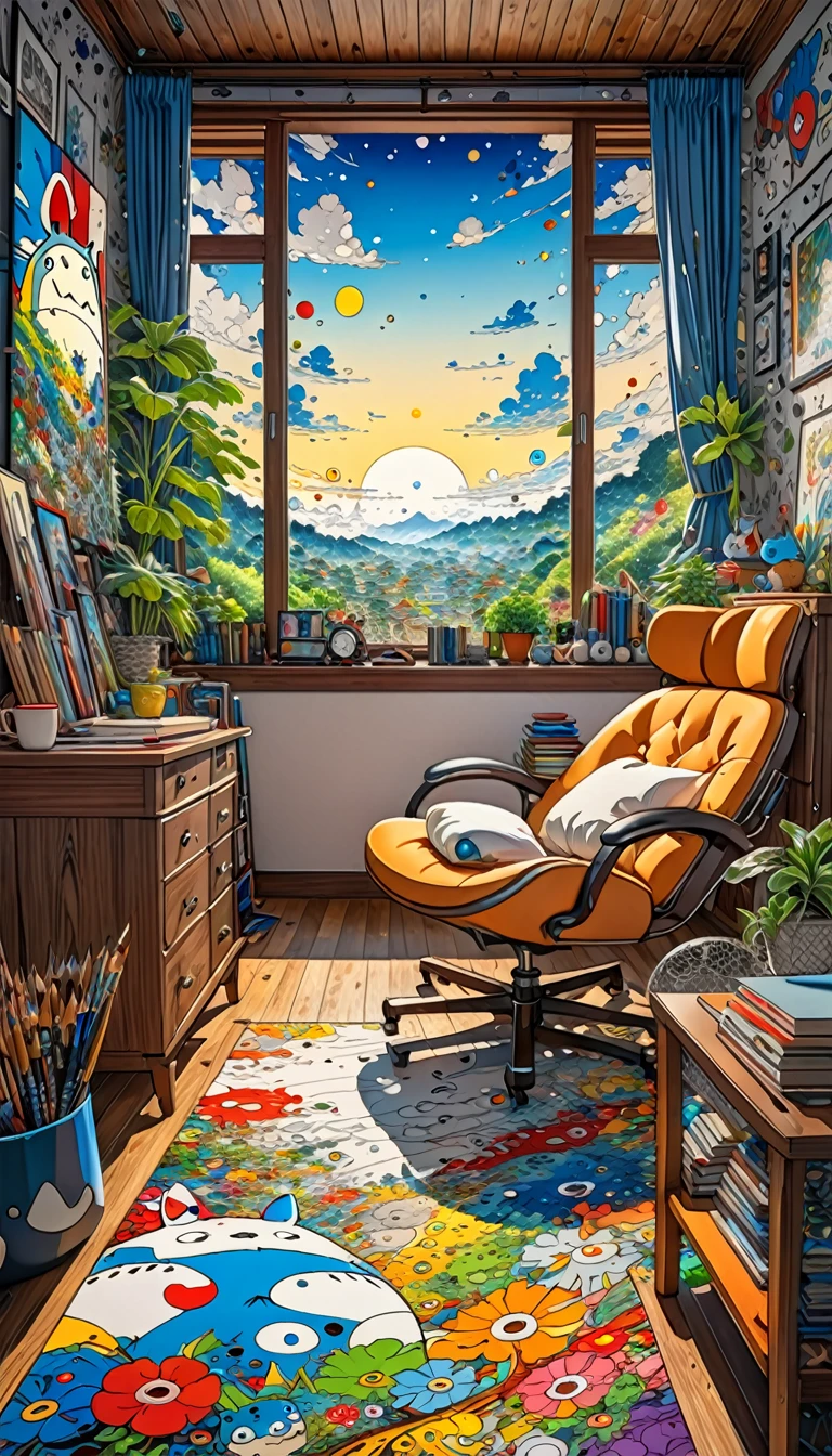 Takashi Murakami Style,(((Totoro))),study,(((Dozing off while sitting on a chair))), 8K Quality,Intense watercolor, Detailed watercolor art, Watercolor splash, Surreal, avant-garde pop art, Beautiful and expressive paintings, Beautiful artwork illustration, Very colorful tones, wonderful, Cool beauty, highest quality,Official Art, Vector art, Stylish design, ((Totoro)),(((dozing off1.9))), (((den1.9))),in the room, (((highest quality))), HDR, ((detailed)), (((Doodle Art)), ((masterpiece)), ((Super detailed)), (((Stylish))), 