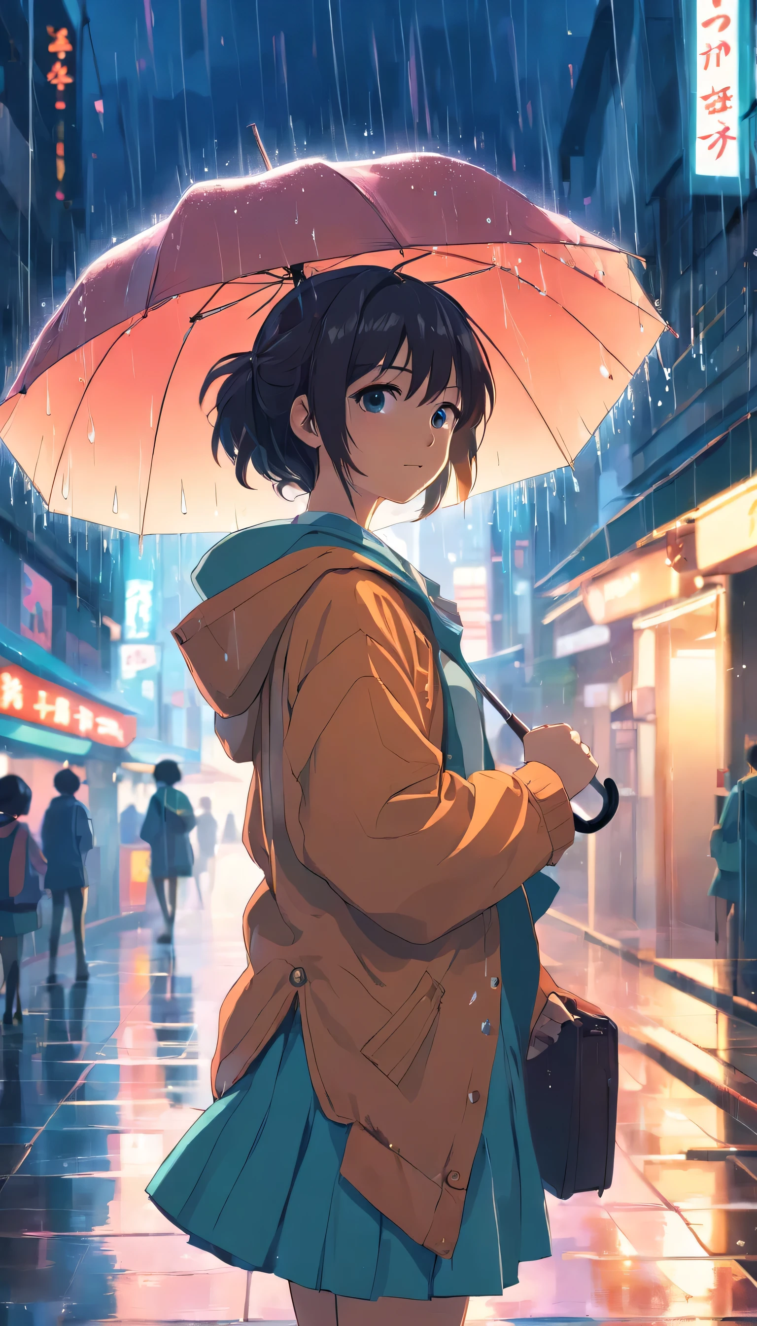 anime girl with umbrella in the rain, anime vibes, anime aesthetic, anime style 4 k, lofi artstyle, anime art wallpaper 4k, anime art wallpaper 4 k, anime lighting, tokyo anime scene, anime style artwork, anime wallpaper 4 k, anime wallpaper 4k, anime background, anime background art, neon rain, lofi art, japanese art style