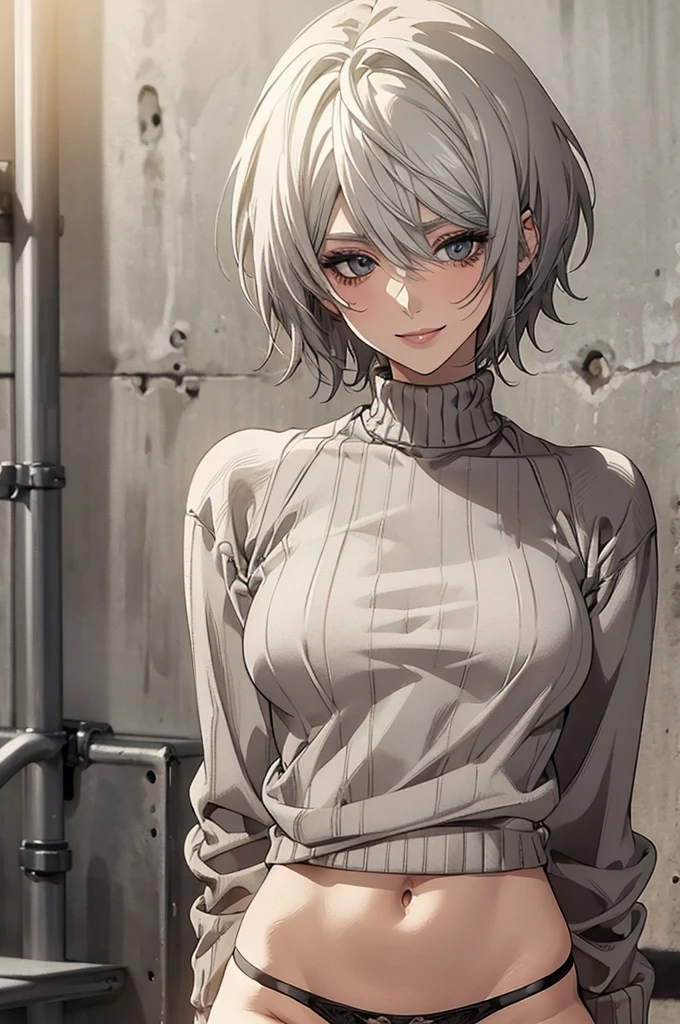 Highest quality, High resolution, Very detailed), Realistic, Very beautiful 8K, CG wallpaper, Silver Hair, Super Short Hair, sweater, thong, Large Breasts, Perfect Makeup, 24th generation, Beautiful woman, mature, quiet, Calm, A small smile, street