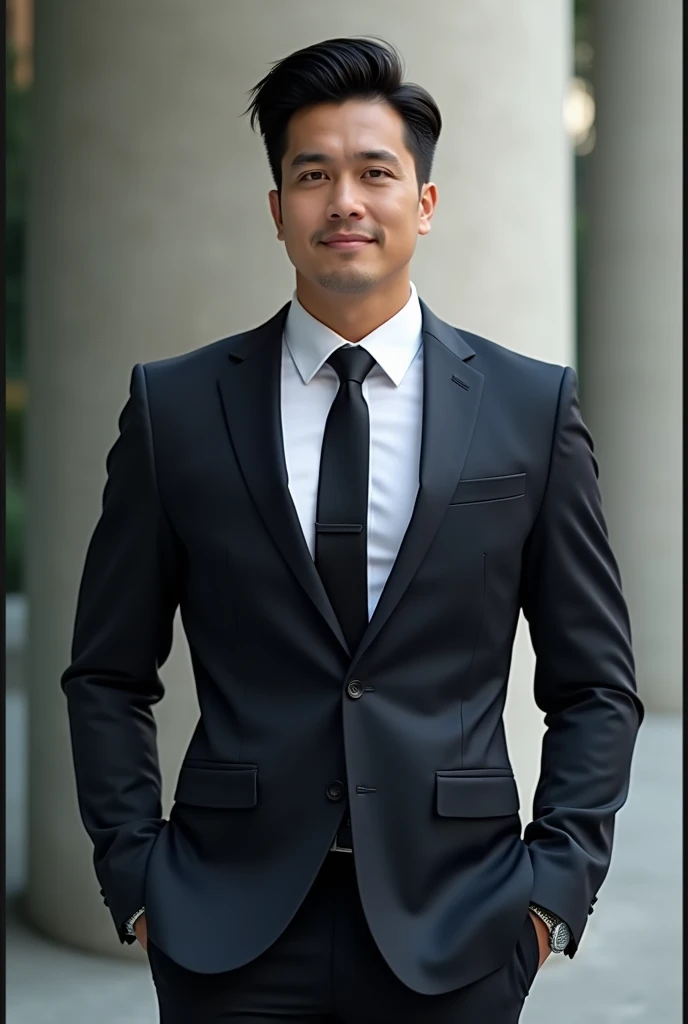 A 38-year-old, tall, rich businessman with a young face, wearing a suit, brown eyes, relatively thick eyebrows, medium nose, handsome, standing and looking in front. His body is hot and strong, his black hair is neat