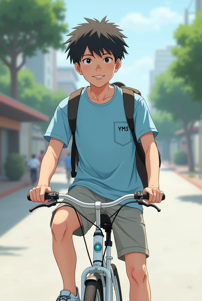 A 17 year old boy with  light sky blue t  shirt  and school bag sit on white 
bicycle and the  name on the pocket of shirt is YMS and 
