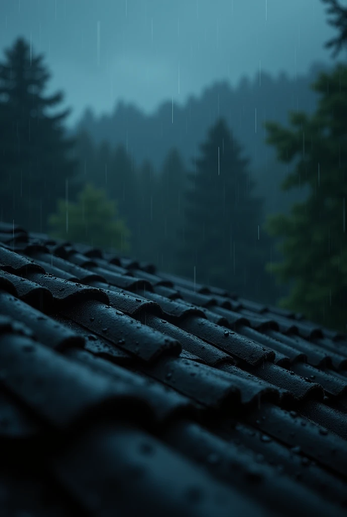 Rainy Day,Water droplets on the roof,Blurry country house roof tiles,Night view, forest background