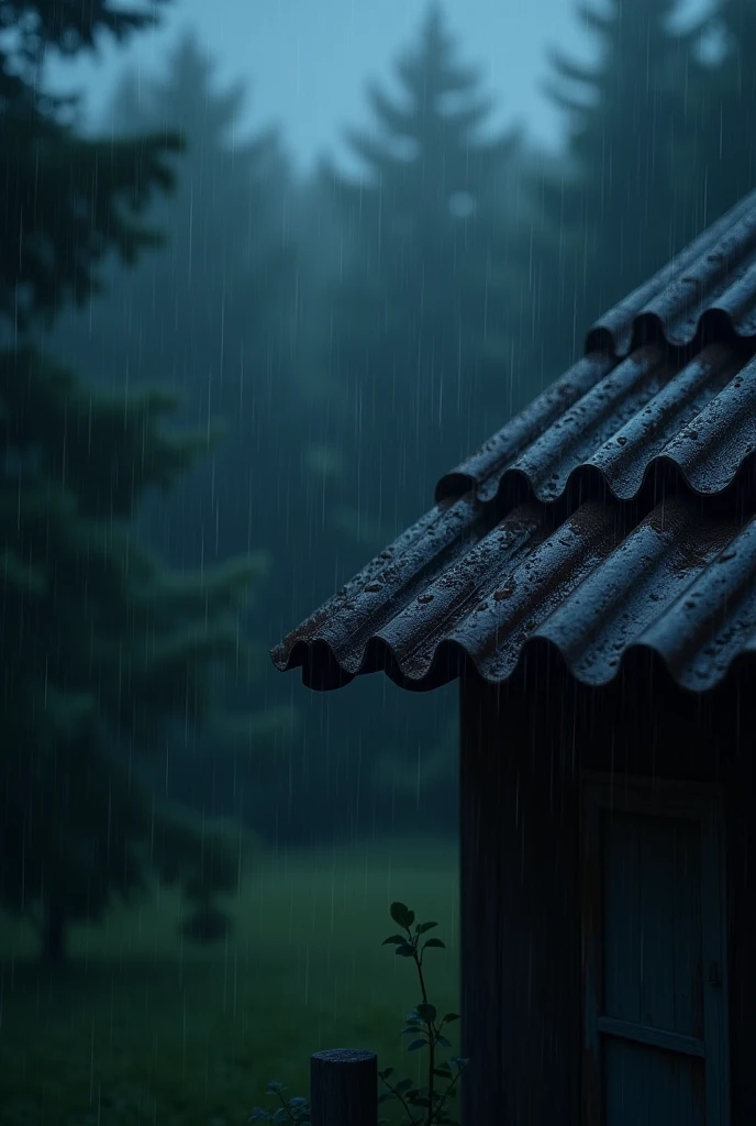 Rainy Day，Water droplets on the roof，Blurry country house roof tiles，Night view, forest background