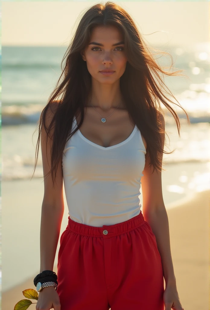 Arafed woman in red shorts and white tank top on the beach - SeaArt AI