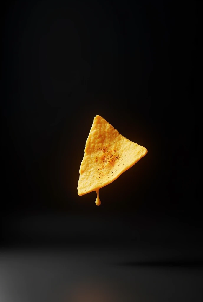 One Nacho floating on top of picture with less cheese with black background 