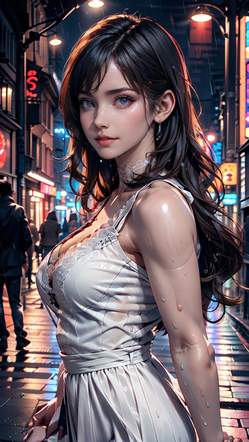 ((Highest quality, 8k, lace maxi dress, Standing in the rain, Red Light District, Highly detailed face and skin texture, Detailed eyes, double eyelid.)
