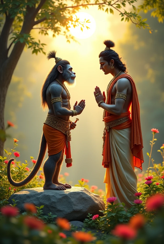 Depict Lord Hanuman and Lord Rama standing in a serene garden filled with vibrant flowers and lush greenery. Lord Hanuman mix monkey face, holding his Gada in one hand, is standing on a large stone. He is facing Lord Rama with his hands folded in deep reverence and prayer. Lord Rama, dressed in traditional attire with his bow resting beside him, looks at Hanuman with grace and compassion. The scene is set in the soft glow of a golden sunset, with rays of sunlight filtering through the trees, adding a divine aura to the moment.
