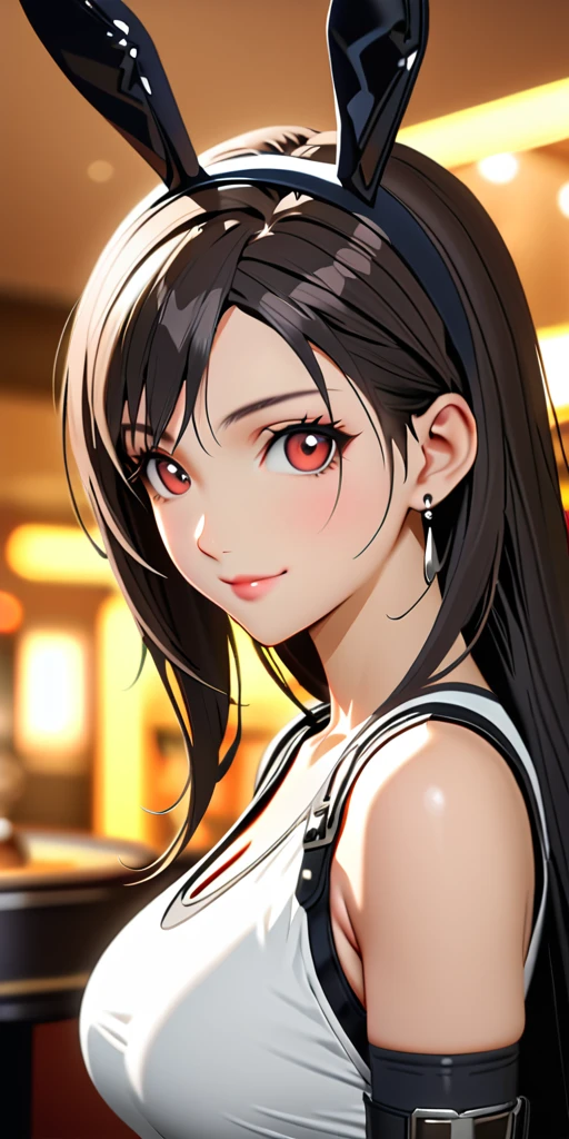 (((((tifa lockhart:1.5))))),((Highest quality、masterpiece、anime style、best quality、high resolution、8k、detailed、ultra-detailed:1.3))、Long legs:1.2, Beautiful woman with perfect figure:1.4、(Smiling:1.2), double eyelid、30-year-old female、((((One Woman,beautiful face,Beautiful face:1.5)))),Big Breasts、High resolution, accurate, Anatomically correct, High-resolution model, high quality, Very detailed, Ultra high definition、Black Hair、Straight Hair、Long Hair、(((Bunny girl、Bunny ears headband,casino:1.1)))