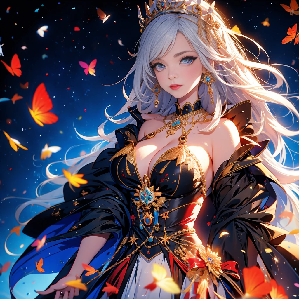 (The Queen's Beauty))、8K high quality、Ultra-realistic details、On the table、3D Rendering、Sexy outfits with wide cleavage、Detailed face、Detailed body、Delicate limbs、best quality、best style