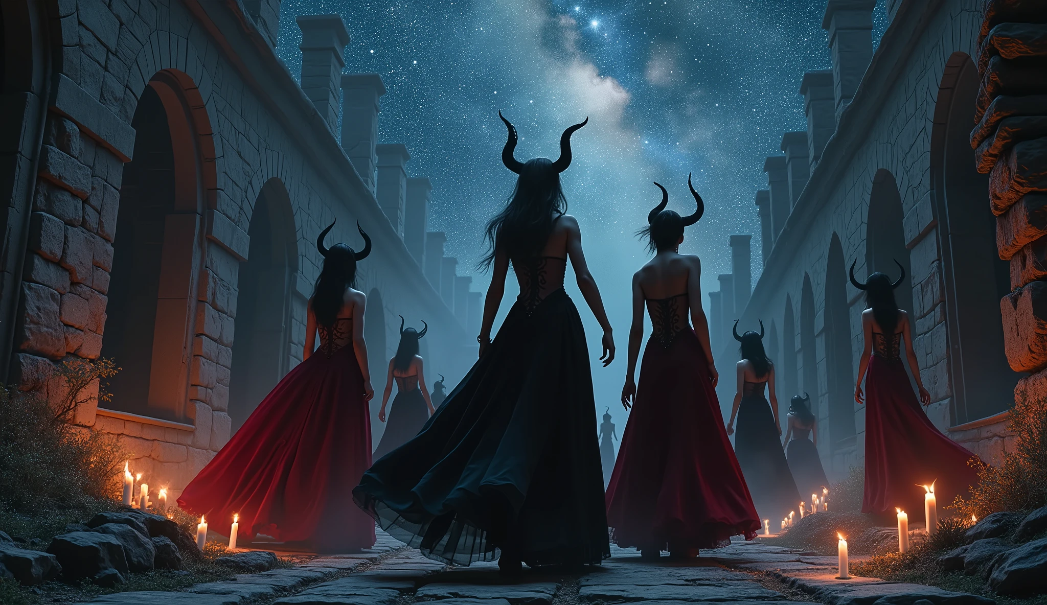 Beneath a starry sky, seductive female demons perform a dark and elegant dance in the ruins of an ancient castle. Dressed in black and red Gothic gowns, they exude an air of elegance mixed with a hint of danger. Aim for realistic depiction, make sure photos are at highest resolution (8K)