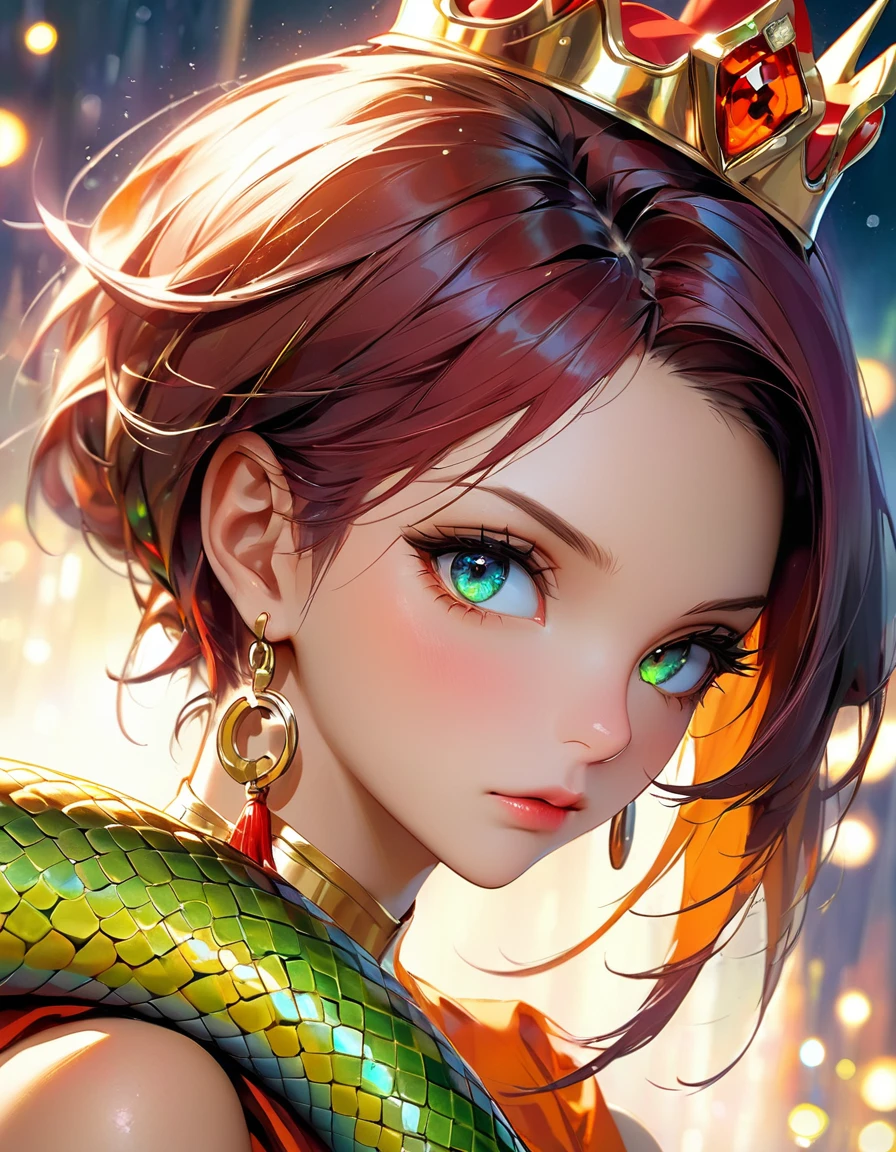 estilo filme dos horrores neon verde espalhado em torno concept art by Pino Daeni, Jeremy Mann, Greg Rutkowski, Konstantin Razumov, Vladimir Volegov Realistic closeup portrait of a model 4k beautiful vegeta sexy Sensual soft ONLY gold diamond serpent eyes orange and gold spirit, red threads, key light reflected in the eyes, red crown on the head, painted background, studio portrait, soft light, bezel lighting, shimmer in the eyes, bokeh background, picturesque, buff painting, (detailed faces:1. 3), (Detailed Eyes:1.3 8K,