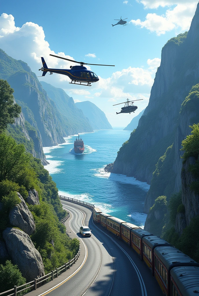 Modes of transport in the sky helicopter is flying and behind sea water ship is passing on road a bus is passing and near a train is passing and with beautiful natures mountain