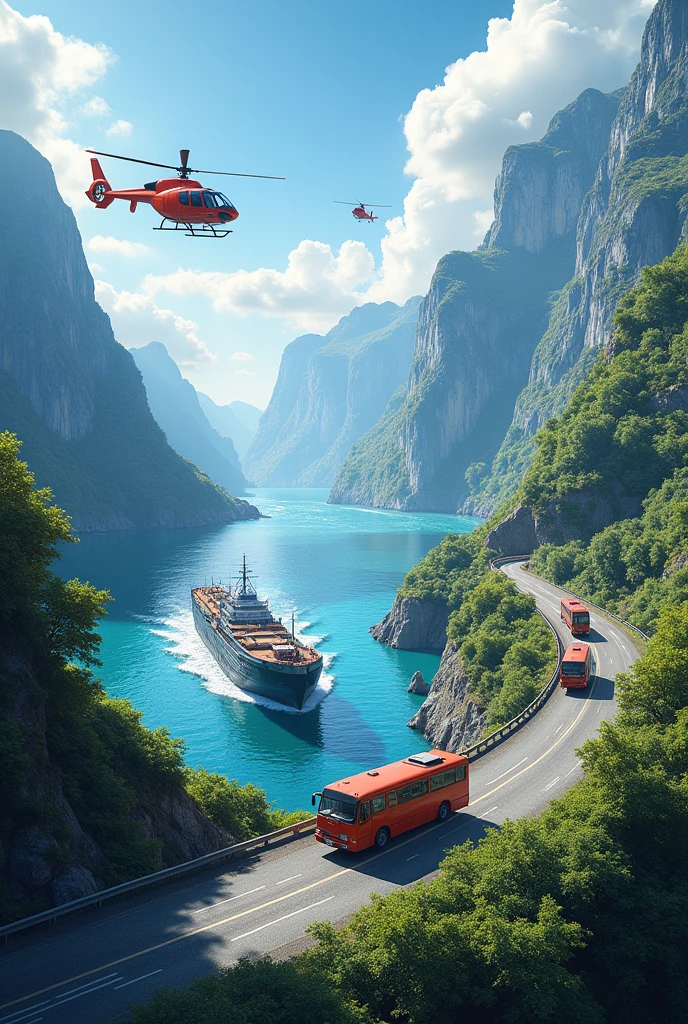 Modes of transport in the sky helicopter is flying and behind sea water ship is passing on road a bus is passing and near a train is passing and with beautiful natures mountain
