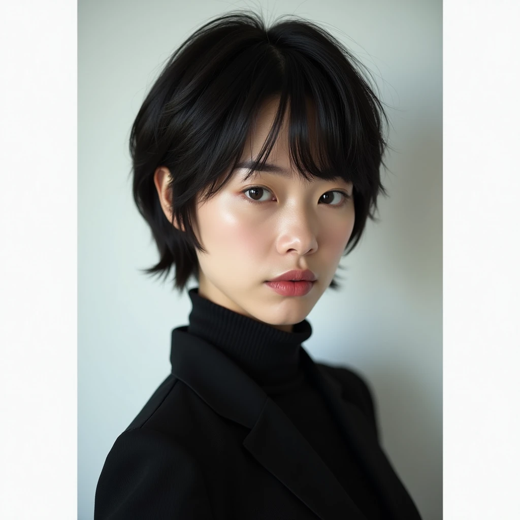 Remaja wanita jepang rambut pendek
expresi sombong ,berbaju hitam ,ultra hd,ultra 4k,realistis, background putih, foto sepinggang,