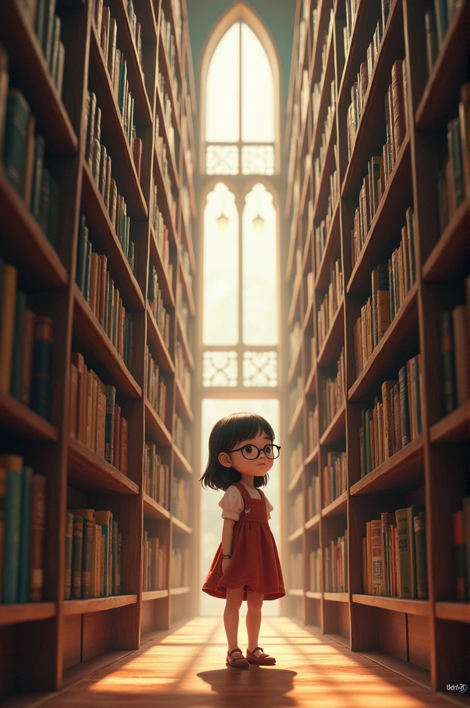 A girl in a library finding books