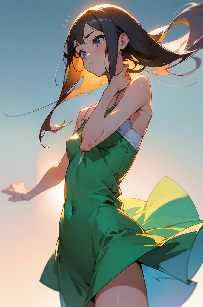 (ultra-detailed), [standing portrait, upper body, close-up of girl:0.4], slim body, camisole dress, gradient background, anime character, character design, perfect hands, (young girl:1.1), perfect light
