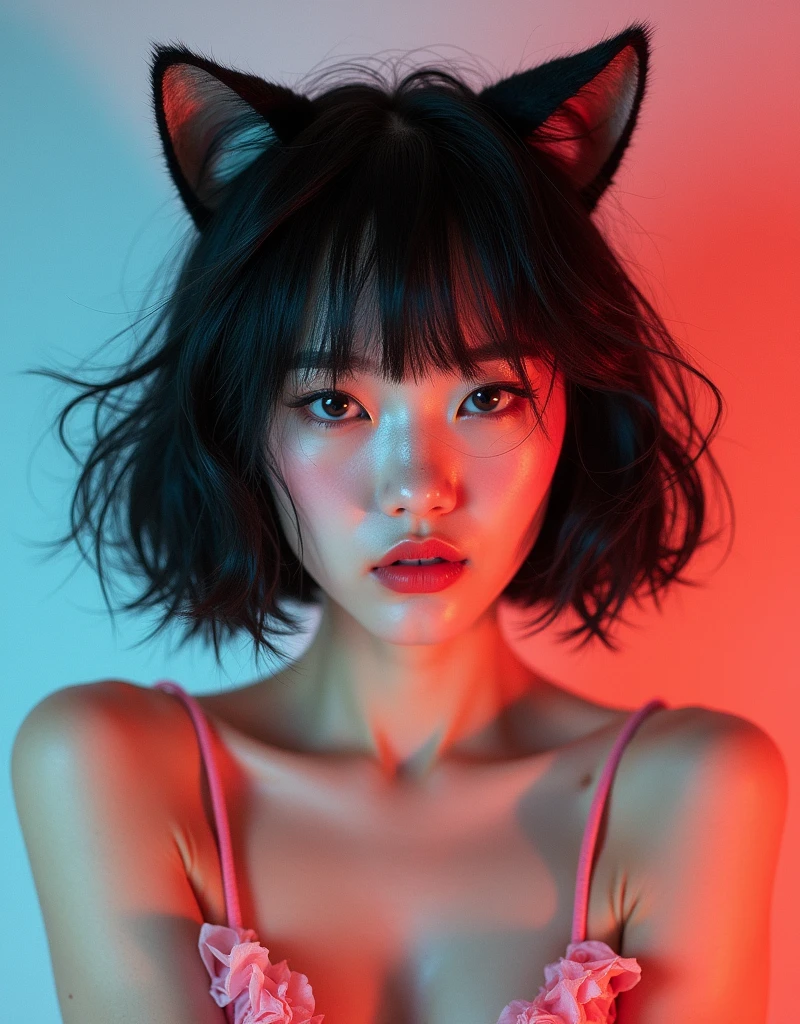 real photograph, (masterpiece), (highest quality), (Super detailed), (messy hair), (shape), (one japanese girl), (chiffon frill bikini), cat ear, sitting down, Fashion Model, (simple cyaan pink red background), fine and beautiful eyes, pretty faced,  floating, (high color saturation),  focus on face, black bob cut hair, floating Hairs, (shining), best writing, best shadow,