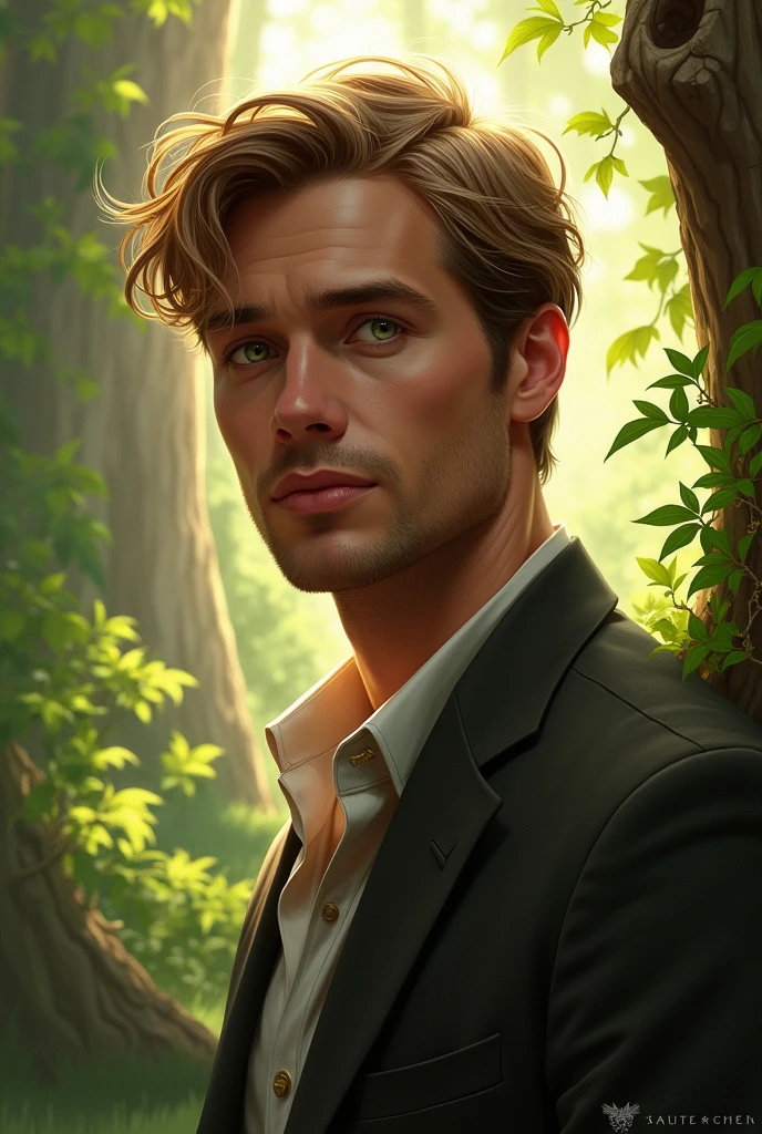 a man of average height, green brown eyes, brown blond hair 