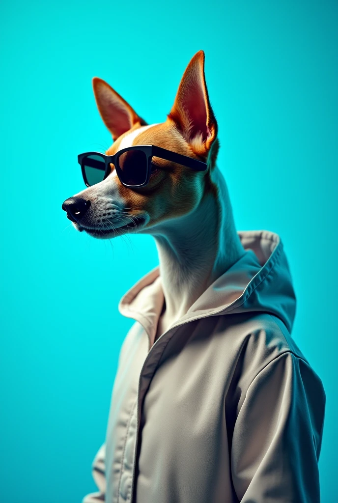 The best cell phone wallpaper, Award-Winning Wallpaper, portrait photography, In the front view is a portrait of a cute dog wearing mid-1960s space age fashion, Side view photo, Shot with Canon EOS R5, Set a strong contrast that accentuates the subject, Fluorescent blue tone, Wearing a very modern coat and sunglasses is a modern 1960s style, Clothes all in one color, beautiful background