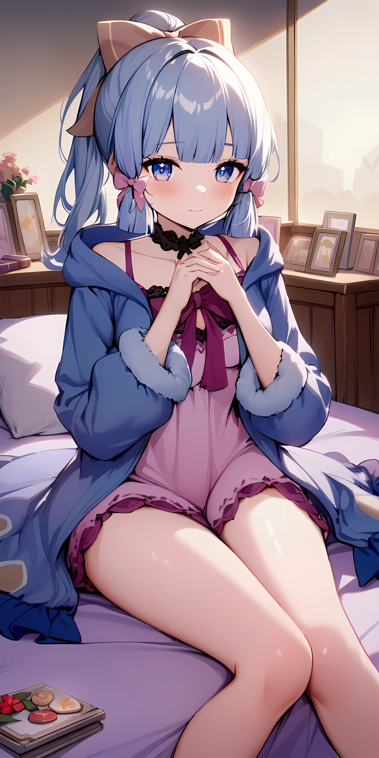 ayaka genshin impact, girl sitting on the bed with two lounging on the bed.  She wore a light pink nightgown with lace trim, and a long light blue coat with soft material on top.  The shirt has a decorative bow at the neck, creating a cute and warm feeling