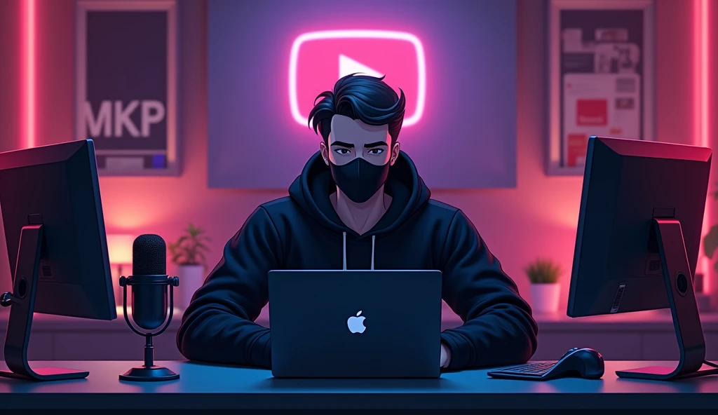Create an anime-friendly looking
male business character who appears
handsome and smart. He has a good face
and is wearing a black face mask and a black hoodie with a channel name "MKP" on it.
hoodie. The character is sitting behind his
laptop in his office, with his arms on the desk.
It is night, and the room features volumetric
neon lighting. The character is front-facing to
the camera, looking straight and centered. This
is a central portrait with an audio microphone
on the desk near his mouth. The character's
face should occupy about 1/3 of the image size.
He is sitting straight, front view, and centered,
looking straight ahead. The overall ambiance
of the image should convey a connection to
minimalism, with flat illustration, bold lines,
simplification, and a gouache illustration style.
The image should be in 8K resolution.
The background features a
large youtube logo on the wall surrounded
by various recording equipment and
youtubeplaybutton. Ensure the studio has
a,odern youtube aesthetic with professional
lighting to make the avatar stand out. Add
a neon light design font spelling out "MKP" on the wall. The overall scene
should dynamics and visually appealing
perfect for ai talking